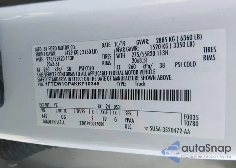 2019 Ford F-150 Xl из США, поврежденный, VIN 1FTEW1CP4KKF10345